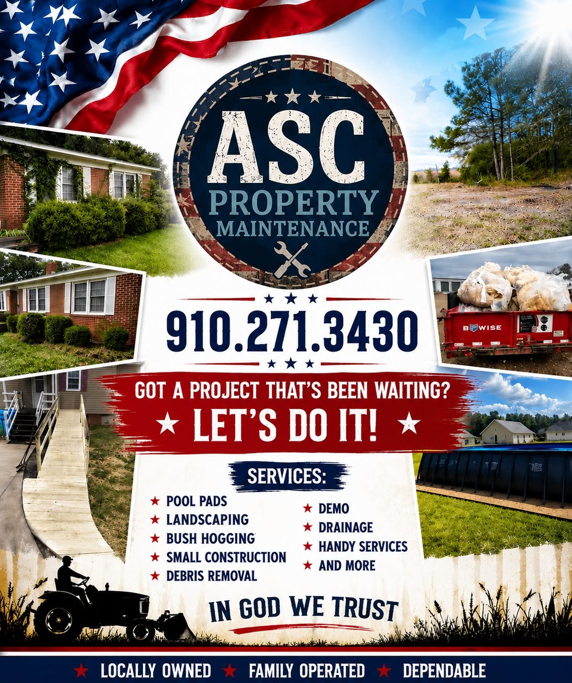 ASC Property Maintenance flyer showing services and contact information